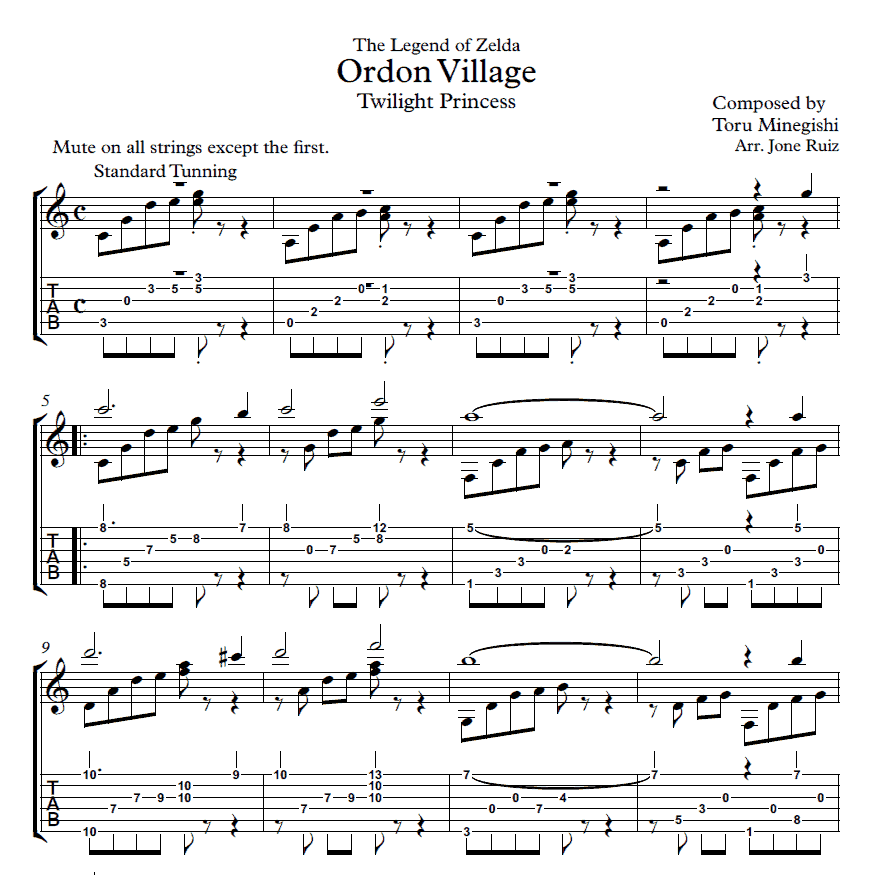 Zelda Ordon Village Guitar Tab Video Game Guitar Tabs Zelda Ordon Village Guitar Tab