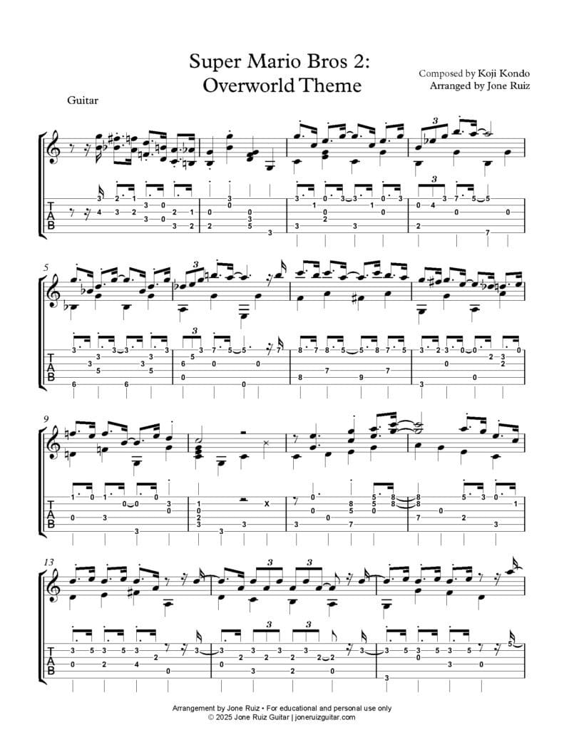 Super Mario Bros 2 Overworld Theme Guitar Tab for Classical Guitar