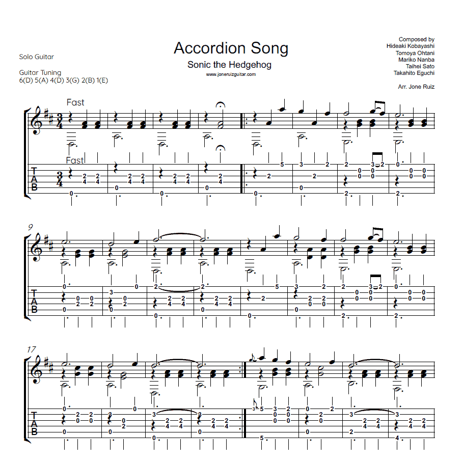 Sonic the Hedgehog Accordion Song Guitar Tab Video Game Guitar Tabs Sonic the Hedgehog Accordion Song Guitar Tab