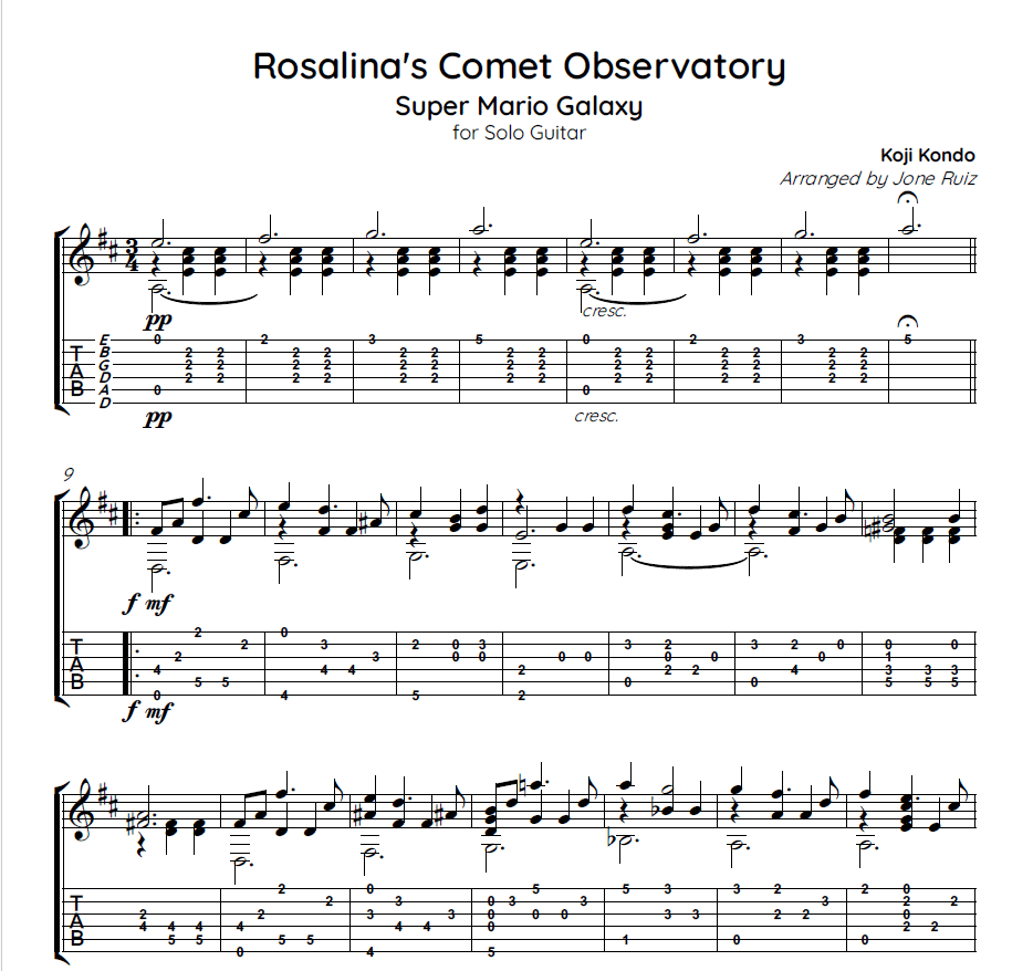 Super Mario Galaxy Rosalinas Comet Observatory Guitar Tab for Classical Guitar Video Game Guitar Tabs Super Mario Galaxy Rosalinas Comet Observatory Guitar Tab for Classical Guitar